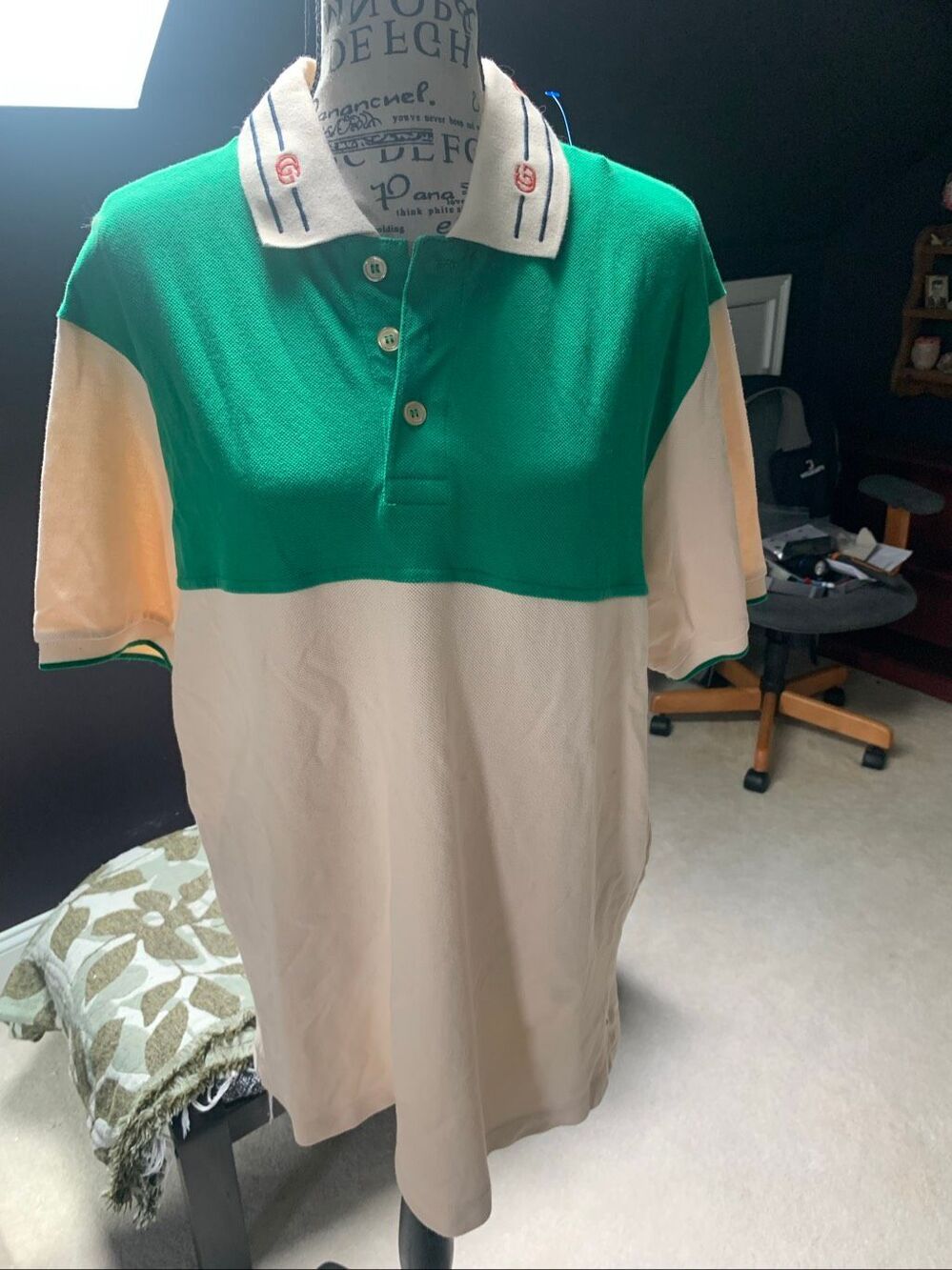 Gucci Off-White and Green Embroidered GG Polo Shirt